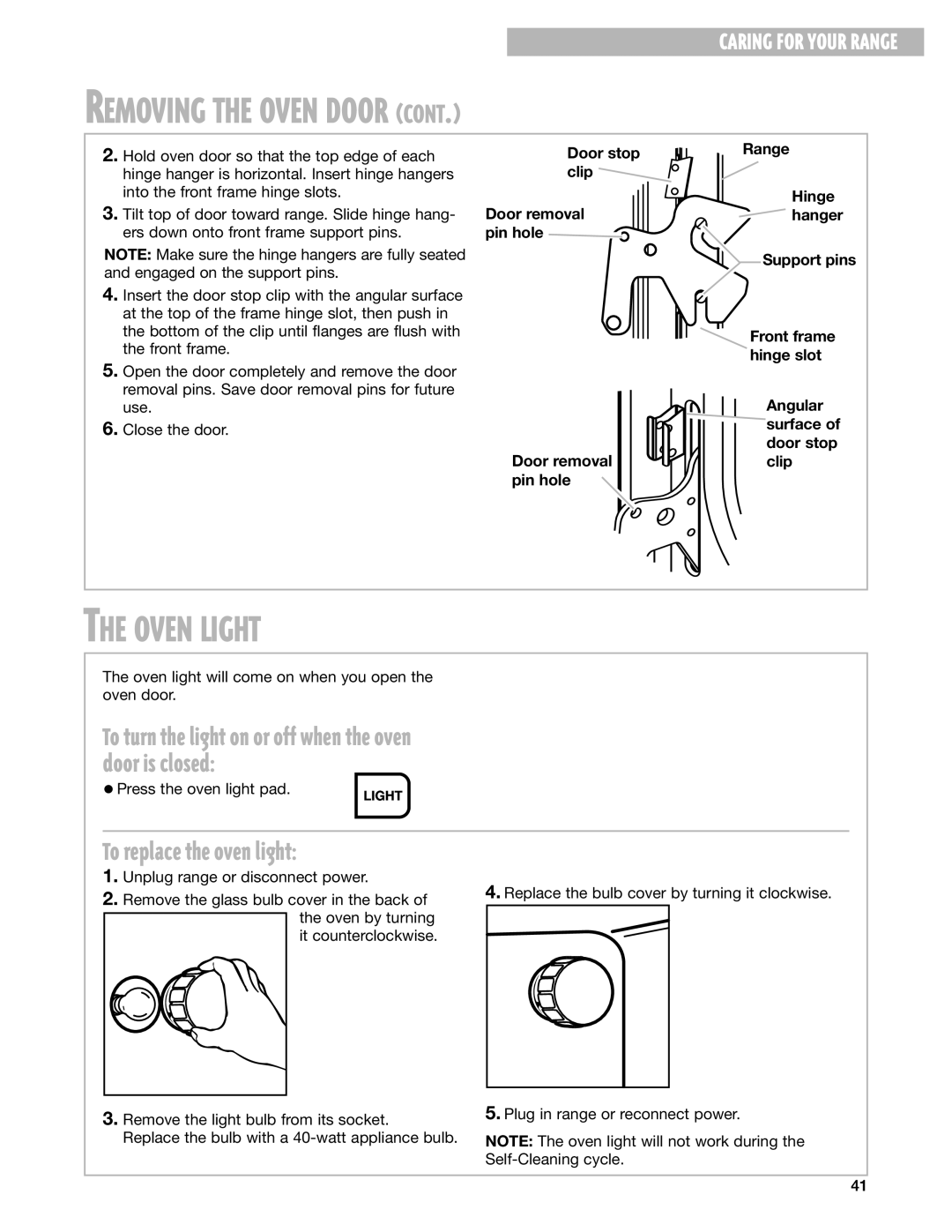 Whirlpool GR395LXG warranty Oven Light, To replace the oven light, Front frame hinge slot Angular Surface of door stop clip 