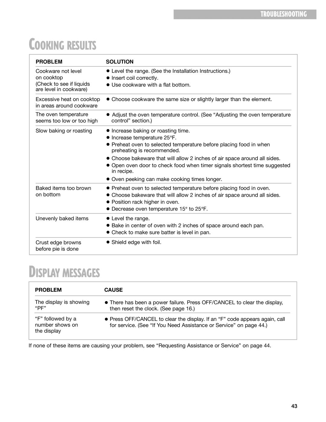 Whirlpool GR395LXG warranty Cooking Results, Display Messages 