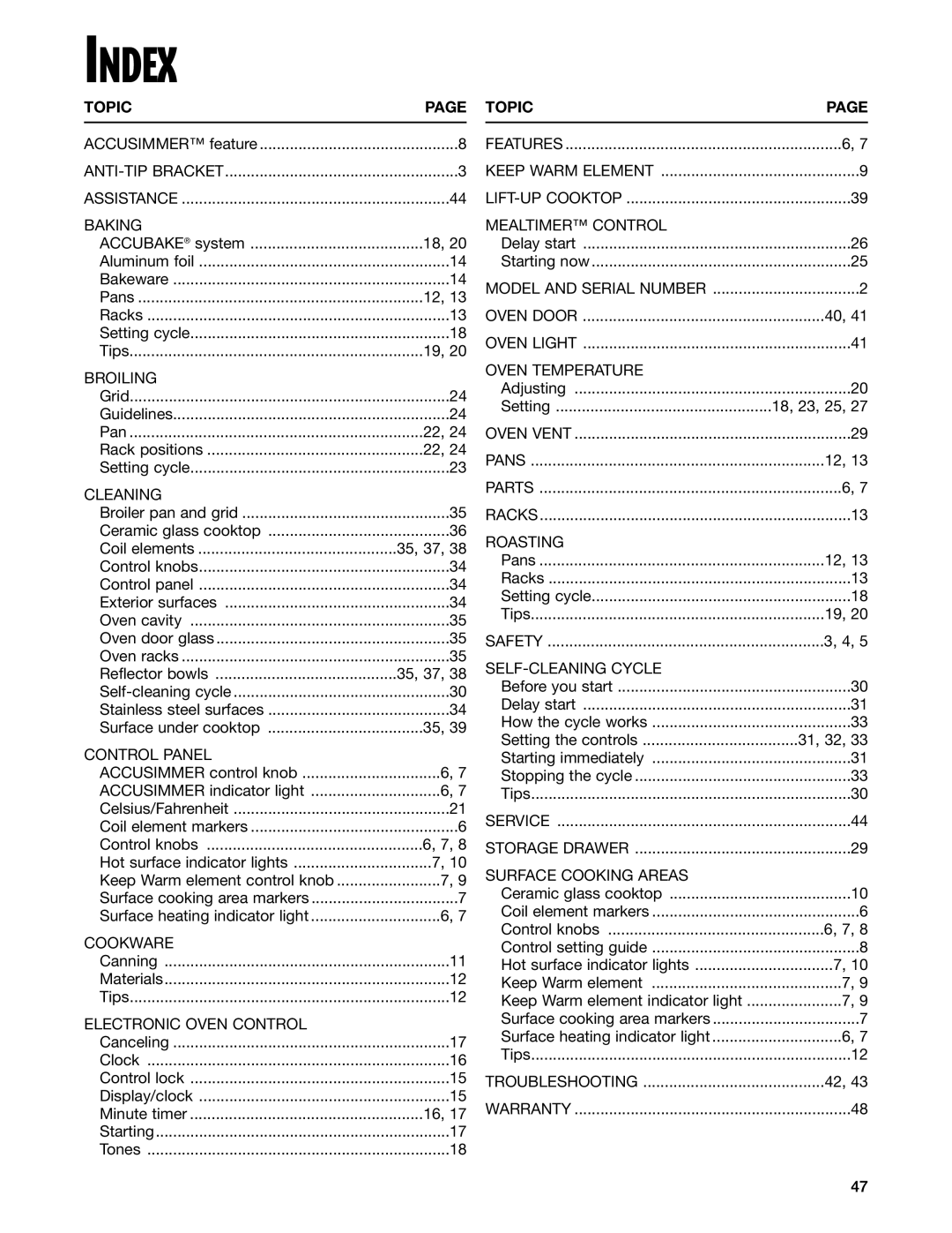 Whirlpool GR395LXG warranty Index, Topic 