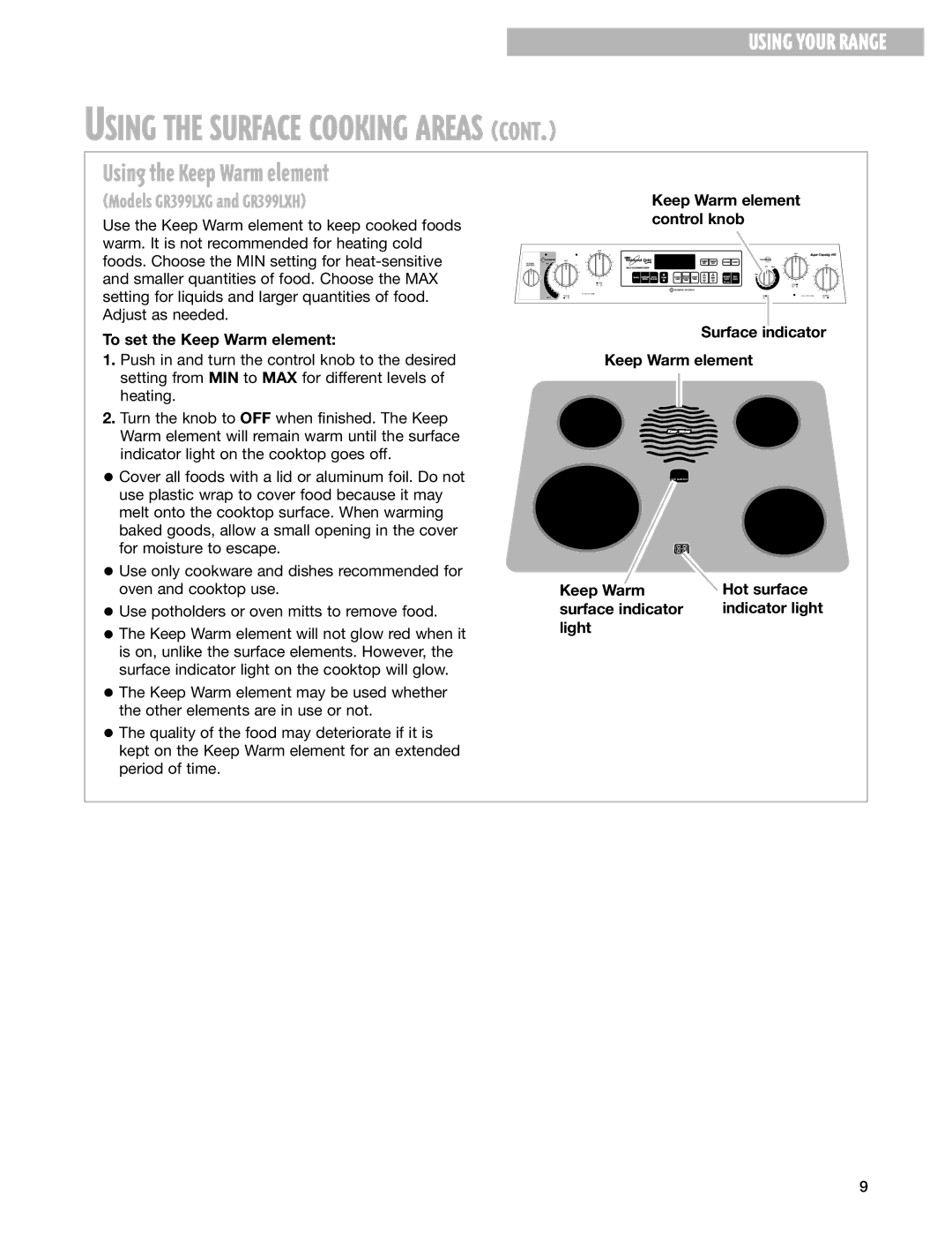 Whirlpool GR395LXG warranty Using the Keep Warm element, To set the Keep Warm element, Keep Warm element control knob 