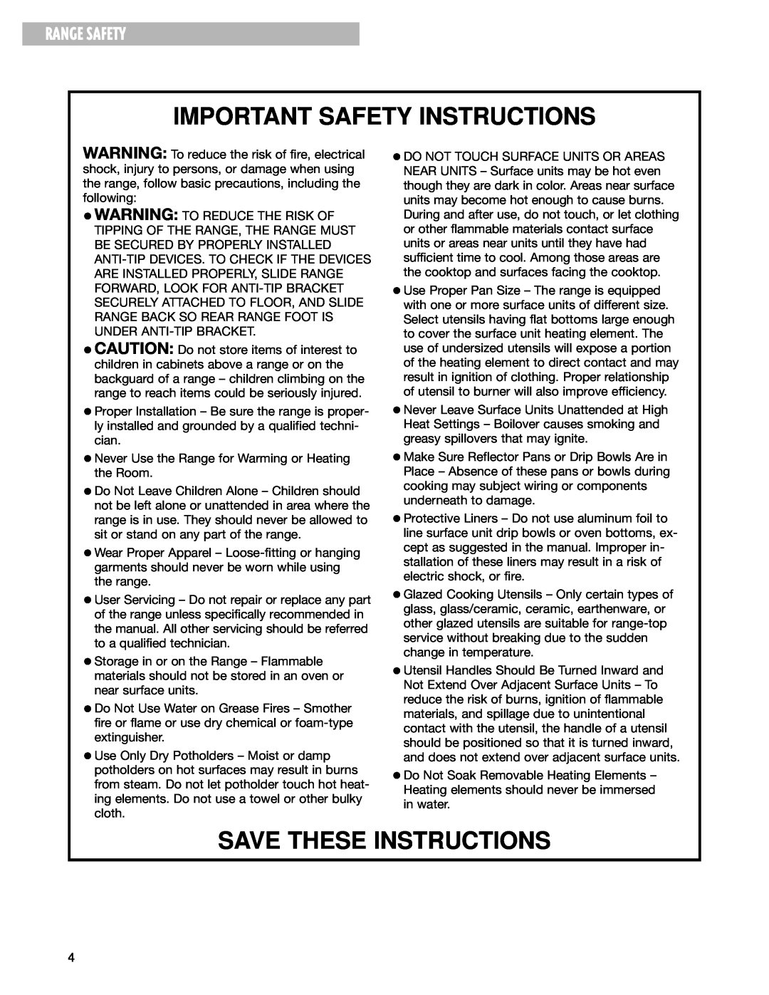 Whirlpool GR395LXG warranty Important Safety Instructions, Save These Instructions, Range Safety 