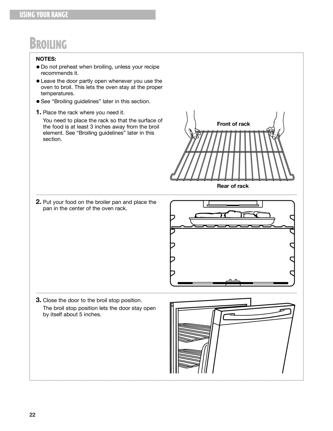 Whirlpool GR399LXG warranty Broiling, Front of rack 