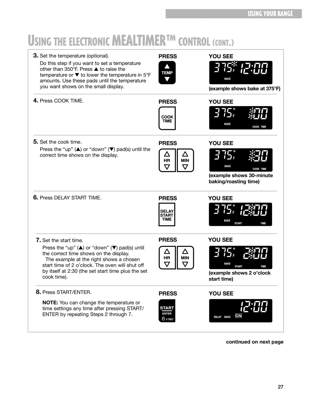 Whirlpool GR399LXG warranty Example shows 2 o’clock start time, On next 