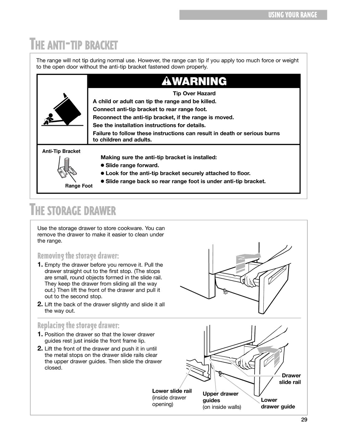 Whirlpool GR399LXG warranty ANTI-TIP Bracket, Storage Drawer, Removing the storage drawer, Replacing the storage drawer 