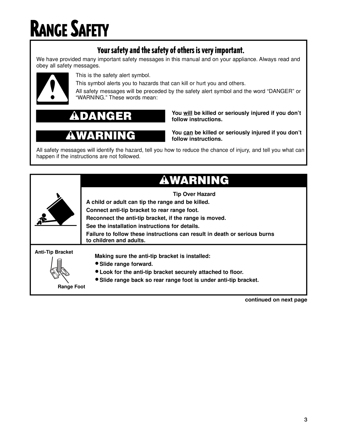 Whirlpool GR399LXG warranty Range Safety, On next 