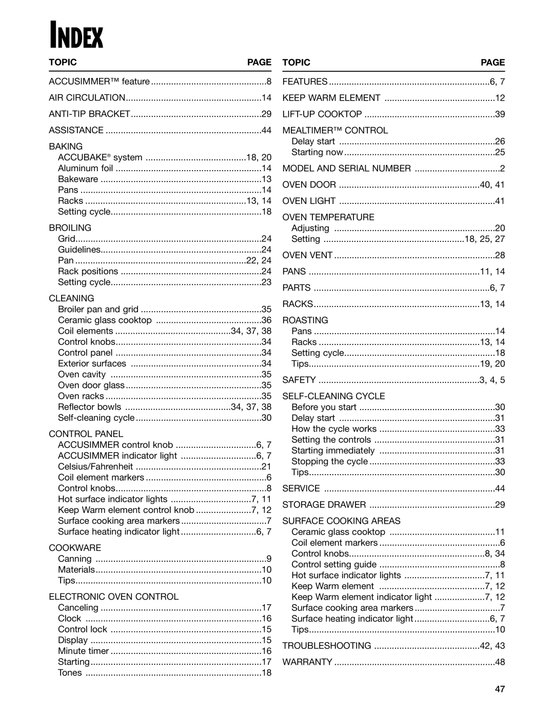 Whirlpool GR399LXG warranty Index, Topic 