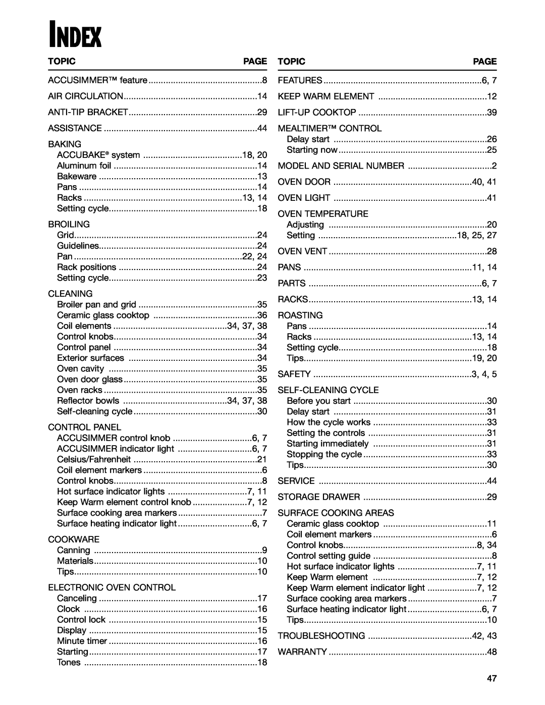 Whirlpool GR399LXG warranty Index, Topic, Page 