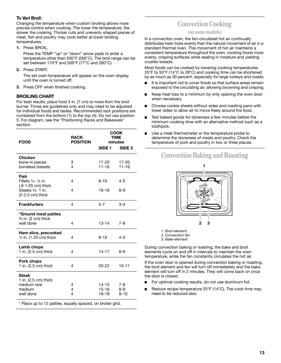 Whirlpool GR450LXH manual Convection Cooking, Convection Baking and Roasting, To Vari Broil 