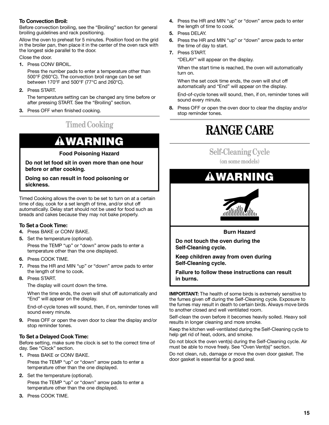 Whirlpool GR450LXH manual Range Care, Timed Cooking, Self-Cleaning Cycle 