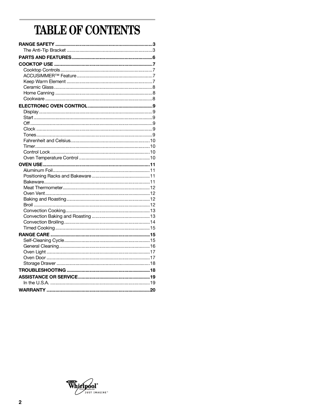 Whirlpool GR450LXH manual Table of Contents 