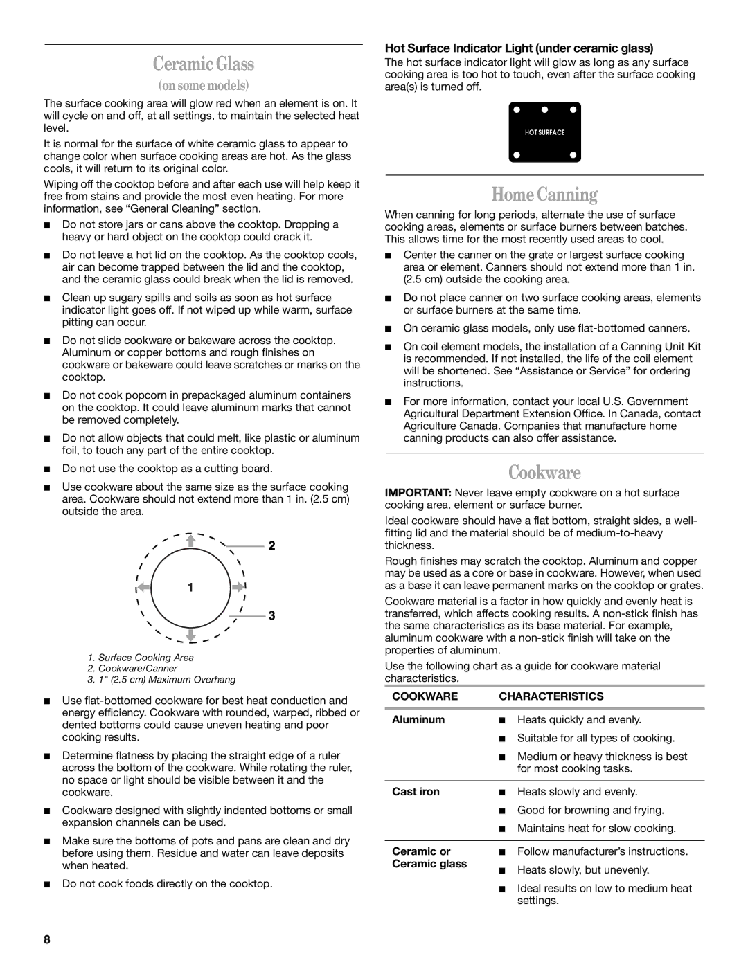 Whirlpool GR450LXH manual Ceramic Glass, Home Canning, Cookware, Hot Surface Indicator Light under ceramic glass 