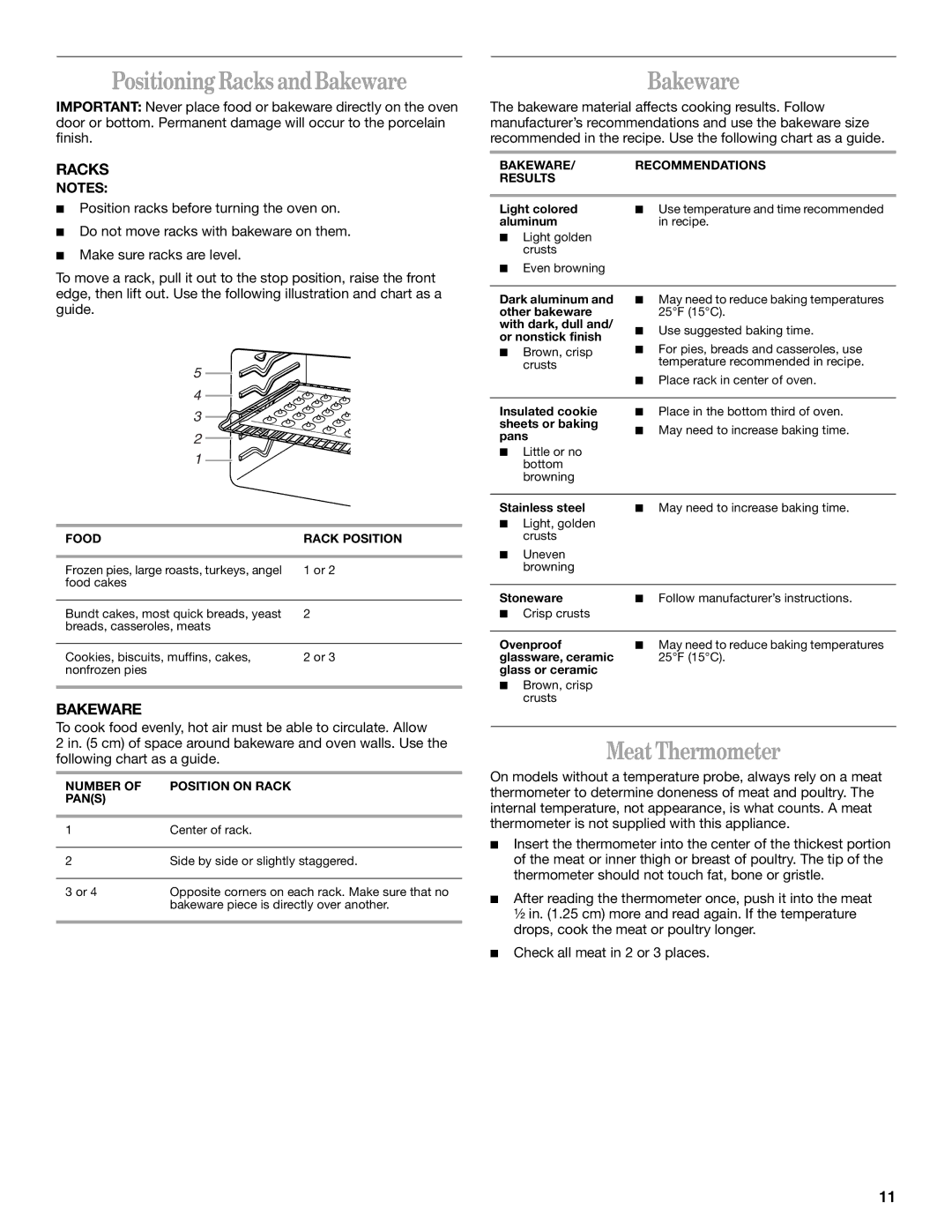 Whirlpool GR450LXL manual Positioning RacksandBakeware, MeatThermometer 