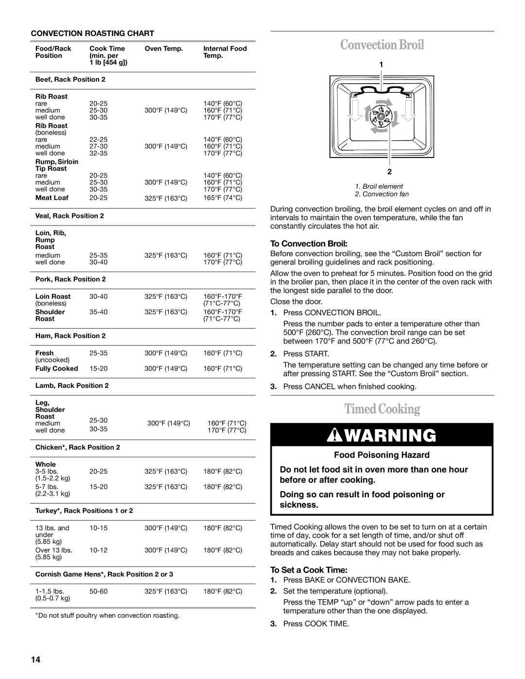 Whirlpool GR450LXL ConvectionBroil, Timed Cooking, To Convection Broil, To Set a Cook Time, Convection Roasting Chart 