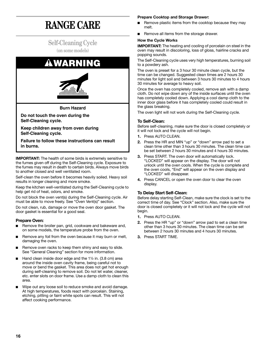 Whirlpool GR440LXL, GR458LXL manual Range Care, Self-Cleaning Cycle, Prepare Oven, To Self-Clean, To Delay Start Self-Clean 