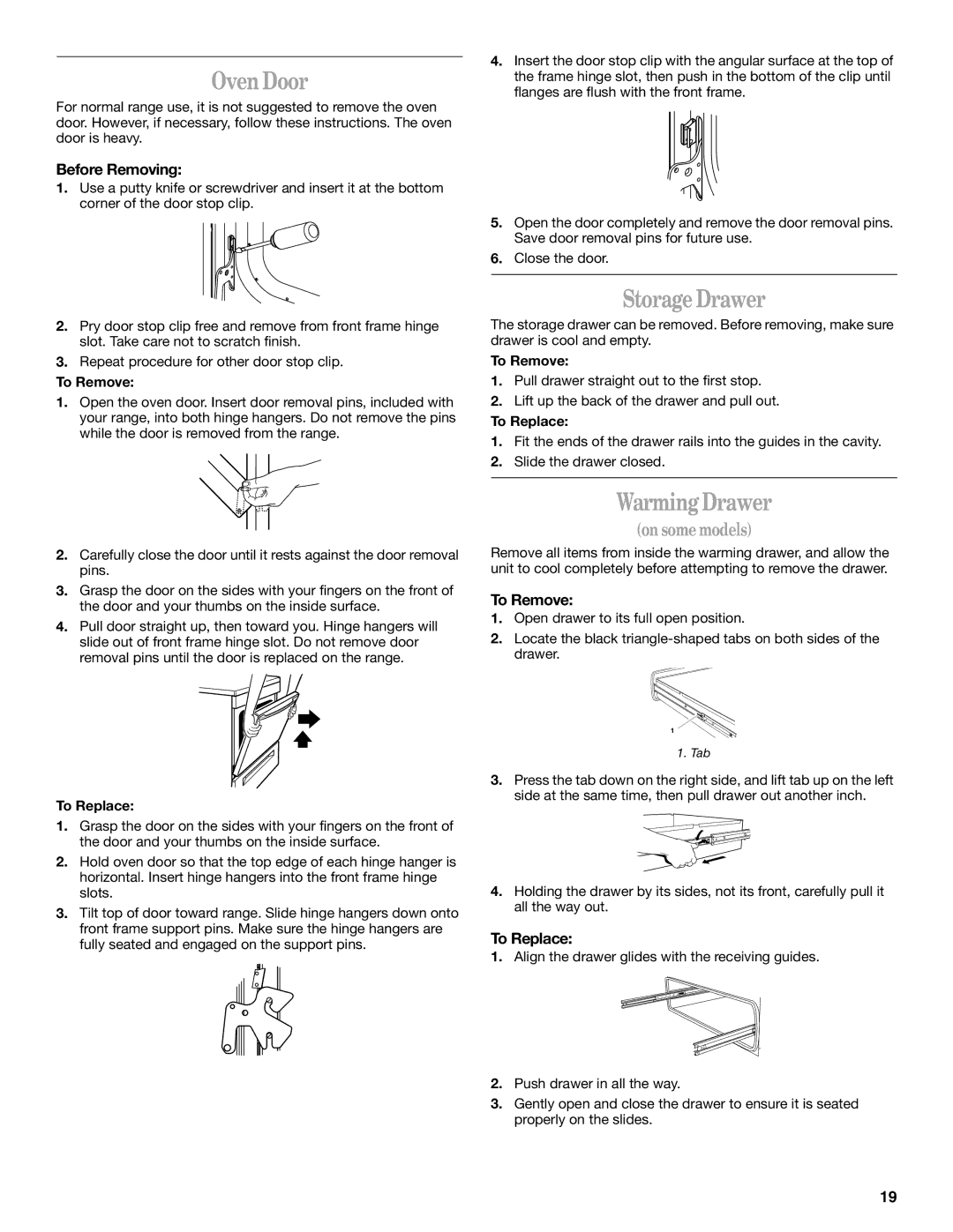 Whirlpool GR465LXL, GR458LXL, GR475LXL, GR445LXL, GR440LXL Oven Door, Storage Drawer, Before Removing, To Remove, To Replace 