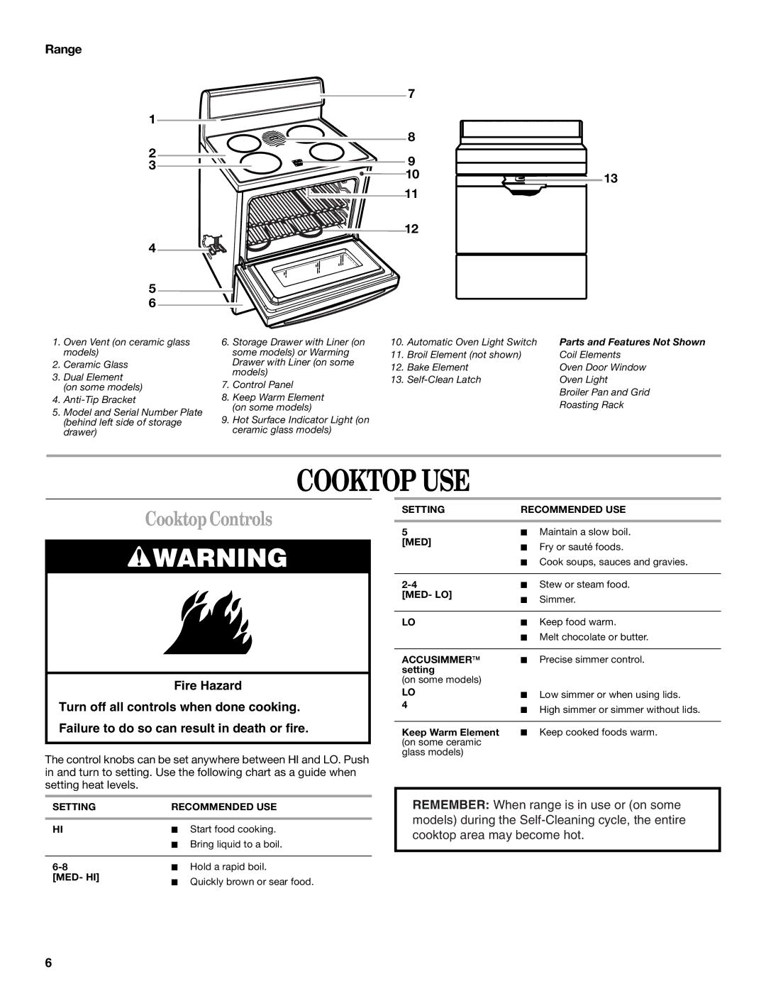 Whirlpool GR458LXL, GR465LXL, GR475LXL, GR445LXL, GR440LXL, GR460LXL manual Cooktop USE, Cooktop Controls, Range 