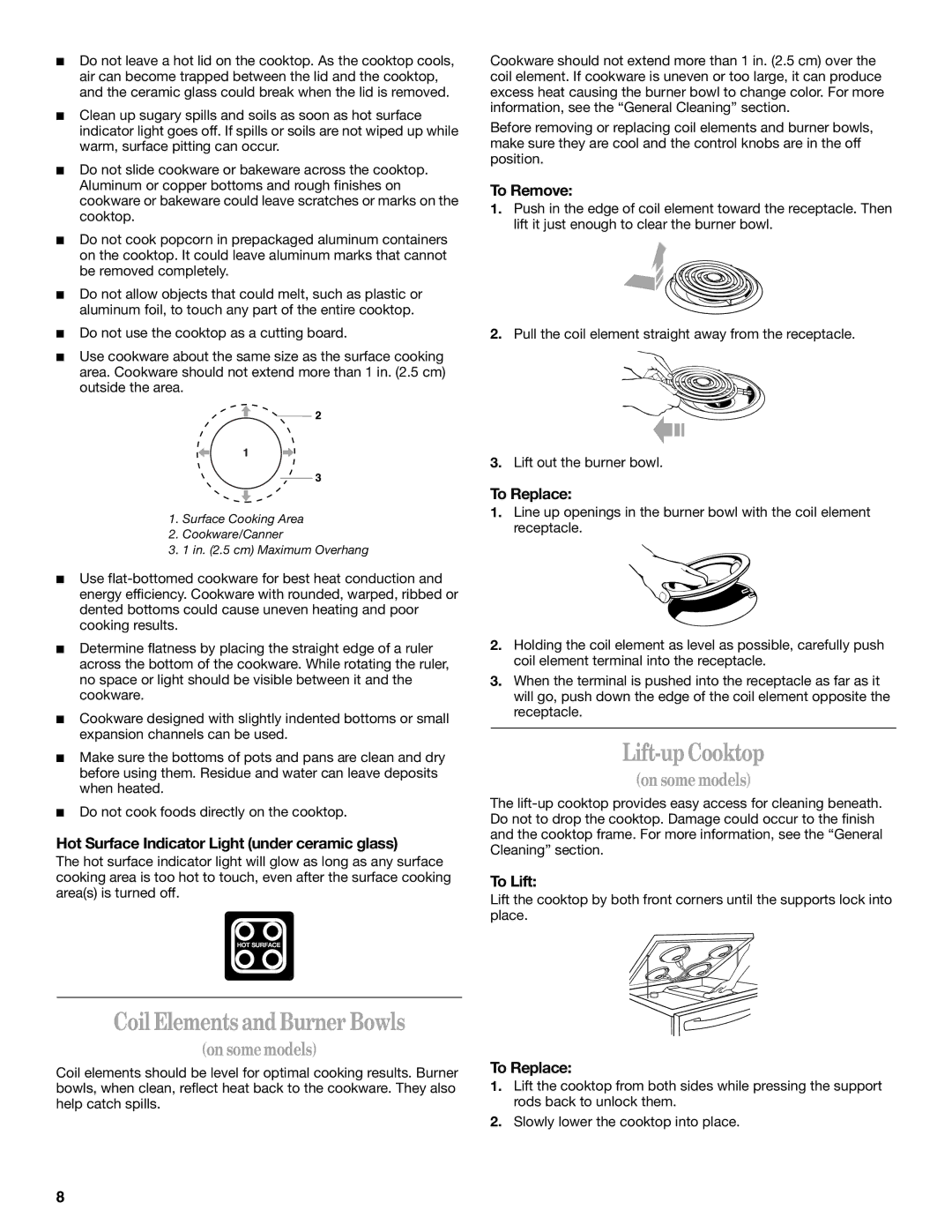 Whirlpool GR475LXL, GR458LXL, GR465LXL, GR445LXL, GR440LXL, GR460LXL manual Lift-up Cooktop, Coil Elements and Burner Bowls 