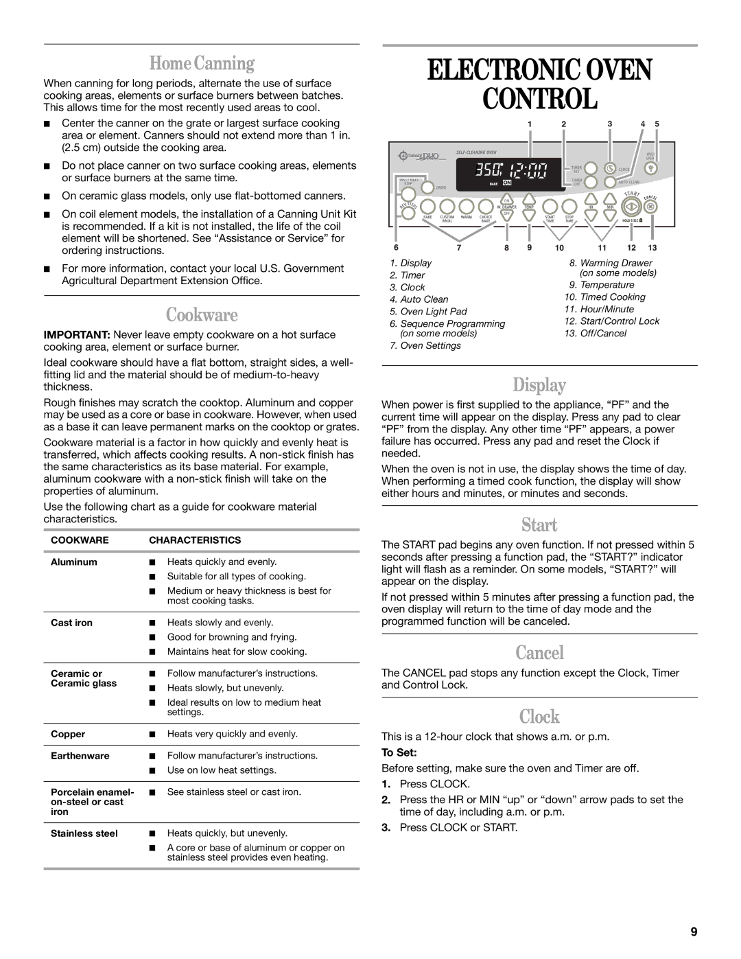 Whirlpool GR445LXL, GR458LXL, GR465LXL, GR475LXL, GR440LXL, GR460LXL manual Electronic Oven Control 