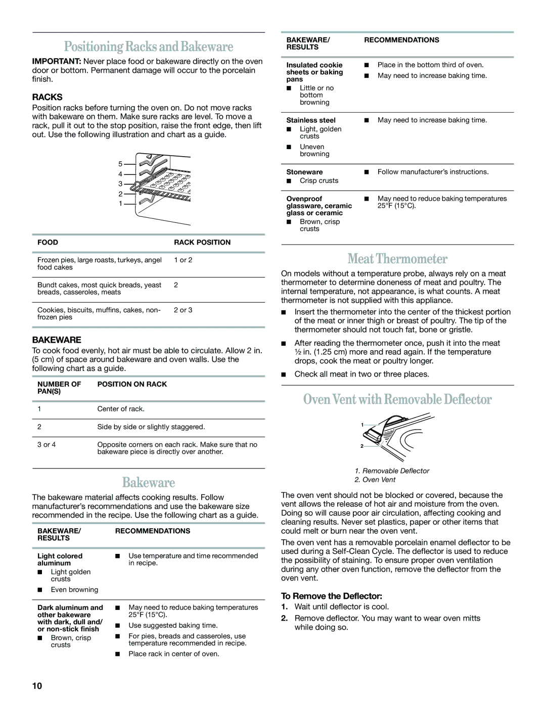 Whirlpool YGR556 manual Positioning Racks and Bakeware, Meat Thermometer, Oven Vent with Removable Deflector 