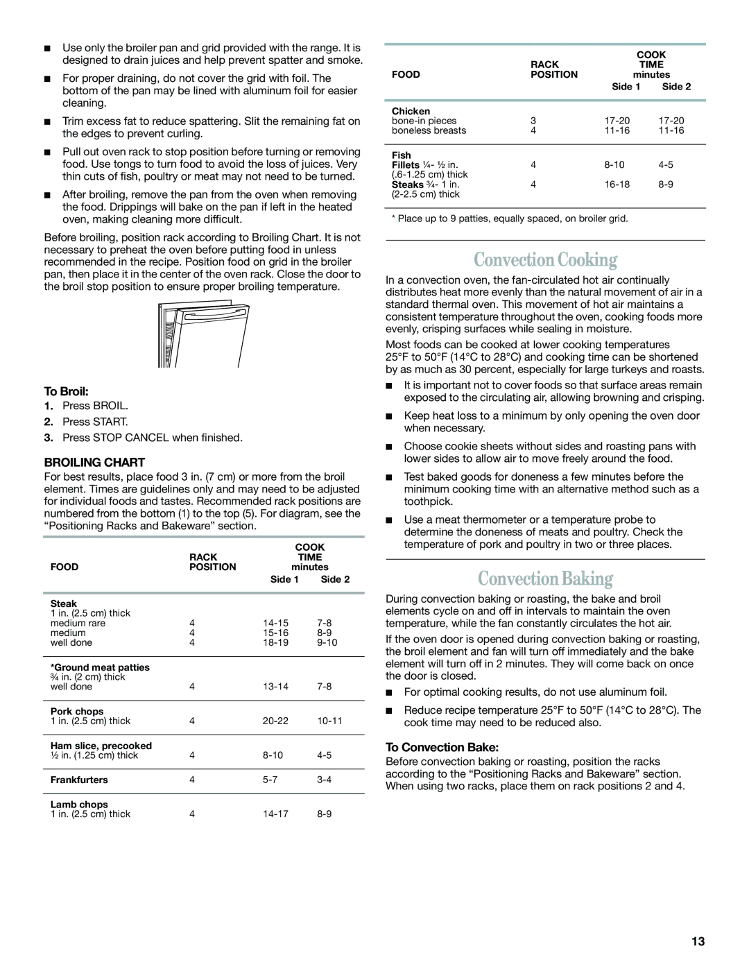 Whirlpool YGR556 manual Convection Cooking, Convection Baking, To Broil, Broiling Chart, To Convection Bake 