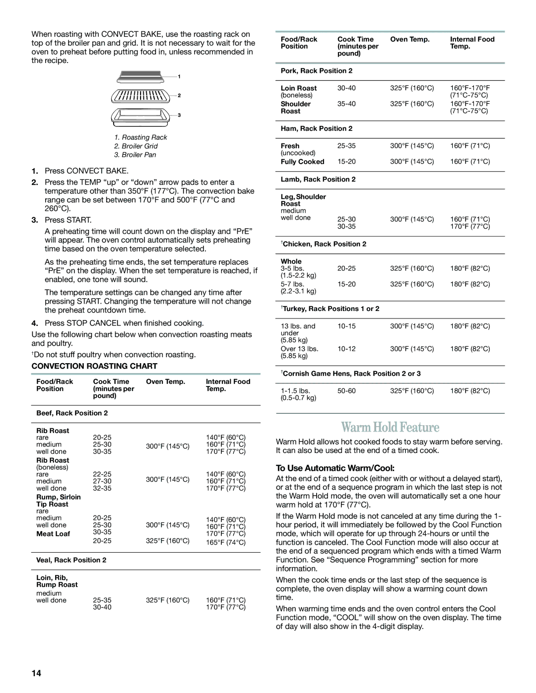 Whirlpool YGR556 manual Warm Hold Feature, To Use Automatic Warm/Cool, Convection Roasting Chart 