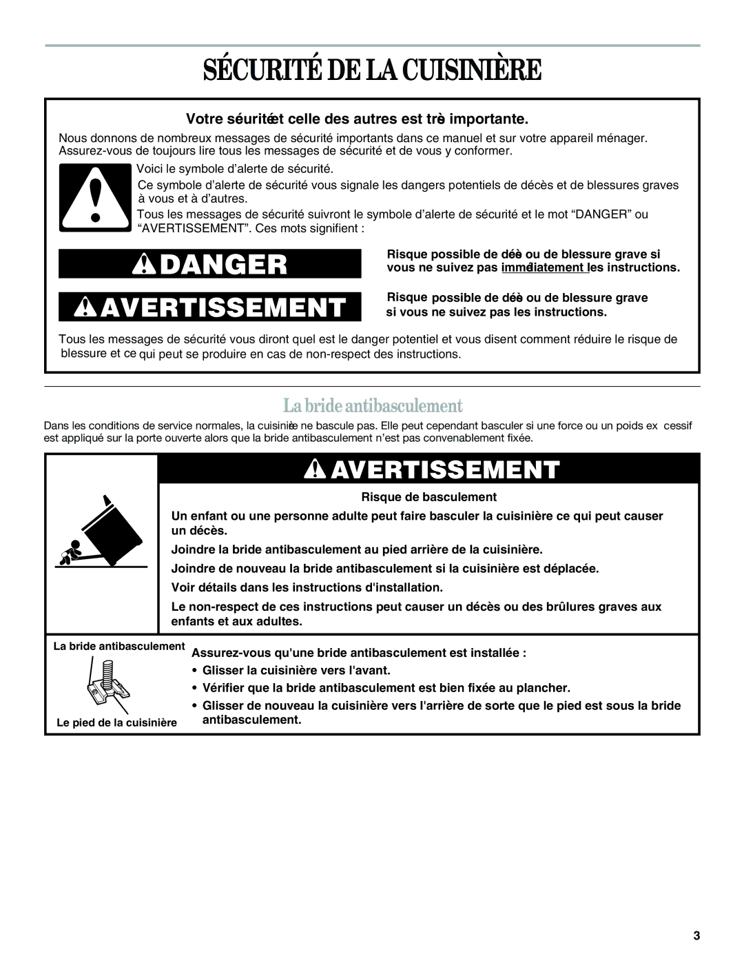 Whirlpool YGR556 manual Sécurité DE LA Cuisinière, La bride antibasculement 