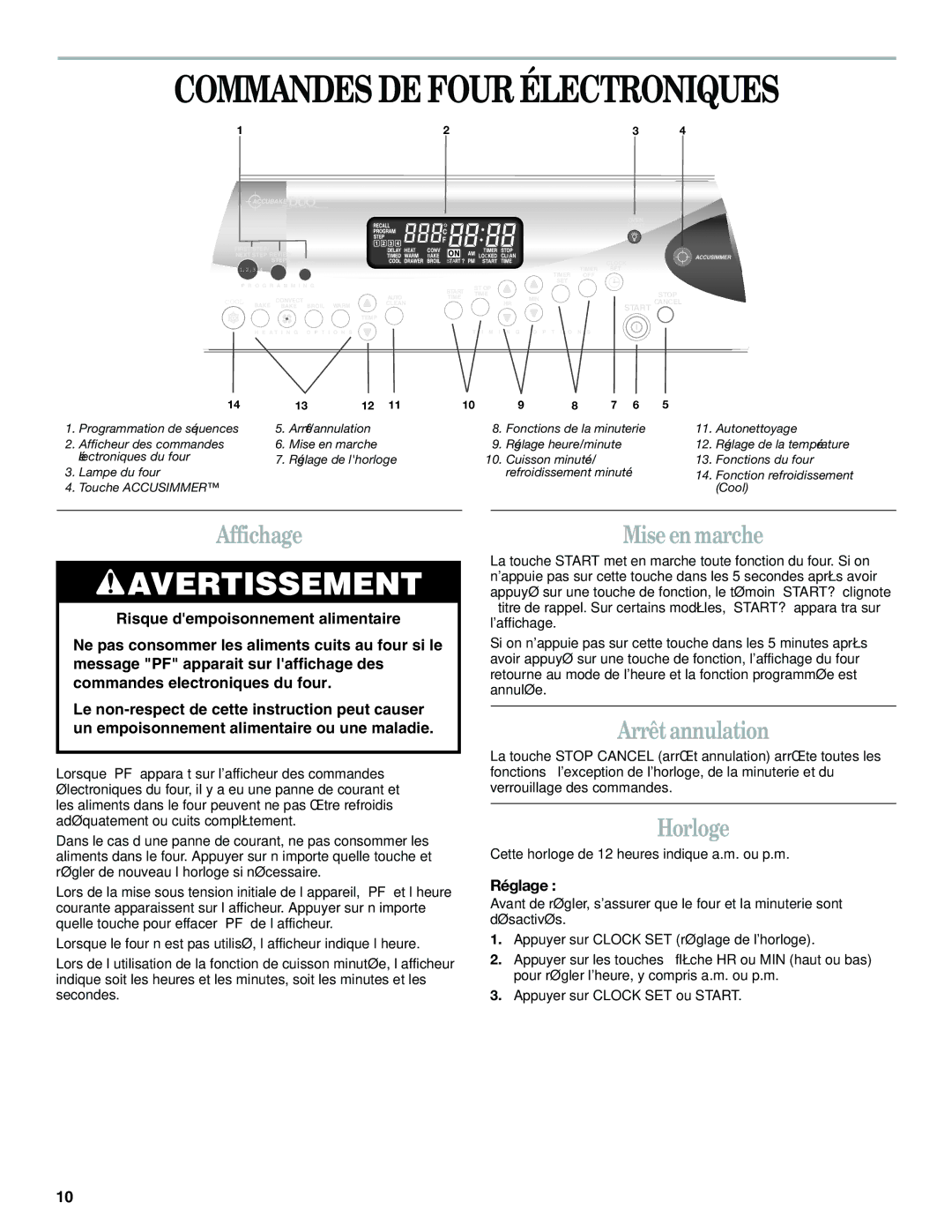 Whirlpool YGR556 manual Commandes DE Four Électroniques, Affichage, Miseen marche, Arrêt annulation, Horloge 