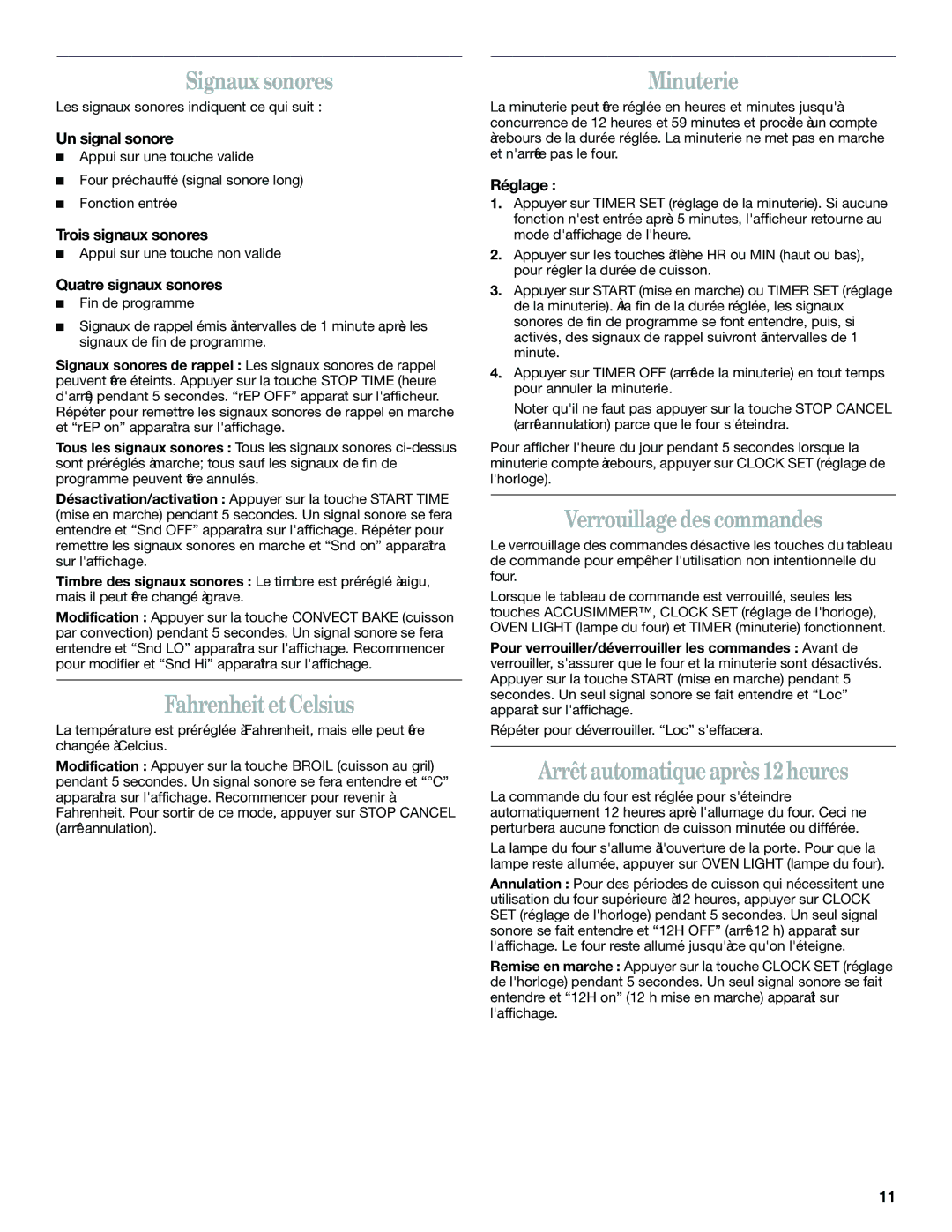 Whirlpool YGR556 manual Signaux sonores, FahrenheitetCelsius, Minuterie, Verrouillage des commandes 