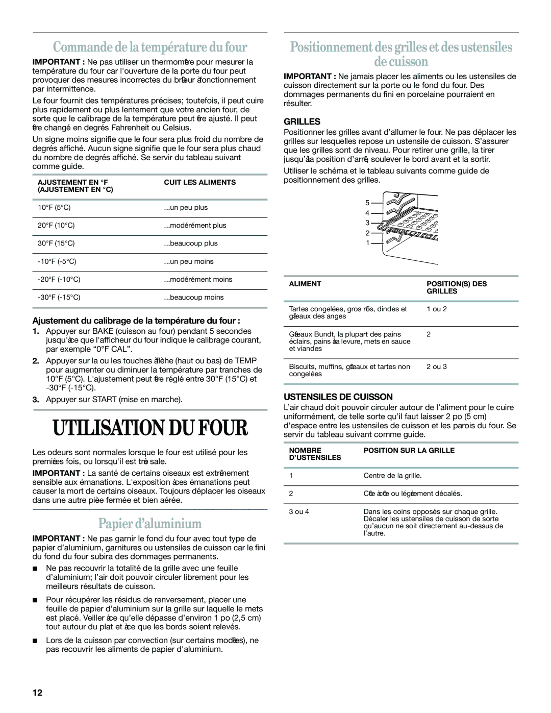 Whirlpool YGR556 manual Commande de latempérature du four, Papier d’aluminium, Grilles, Ustensiles DE Cuisson 