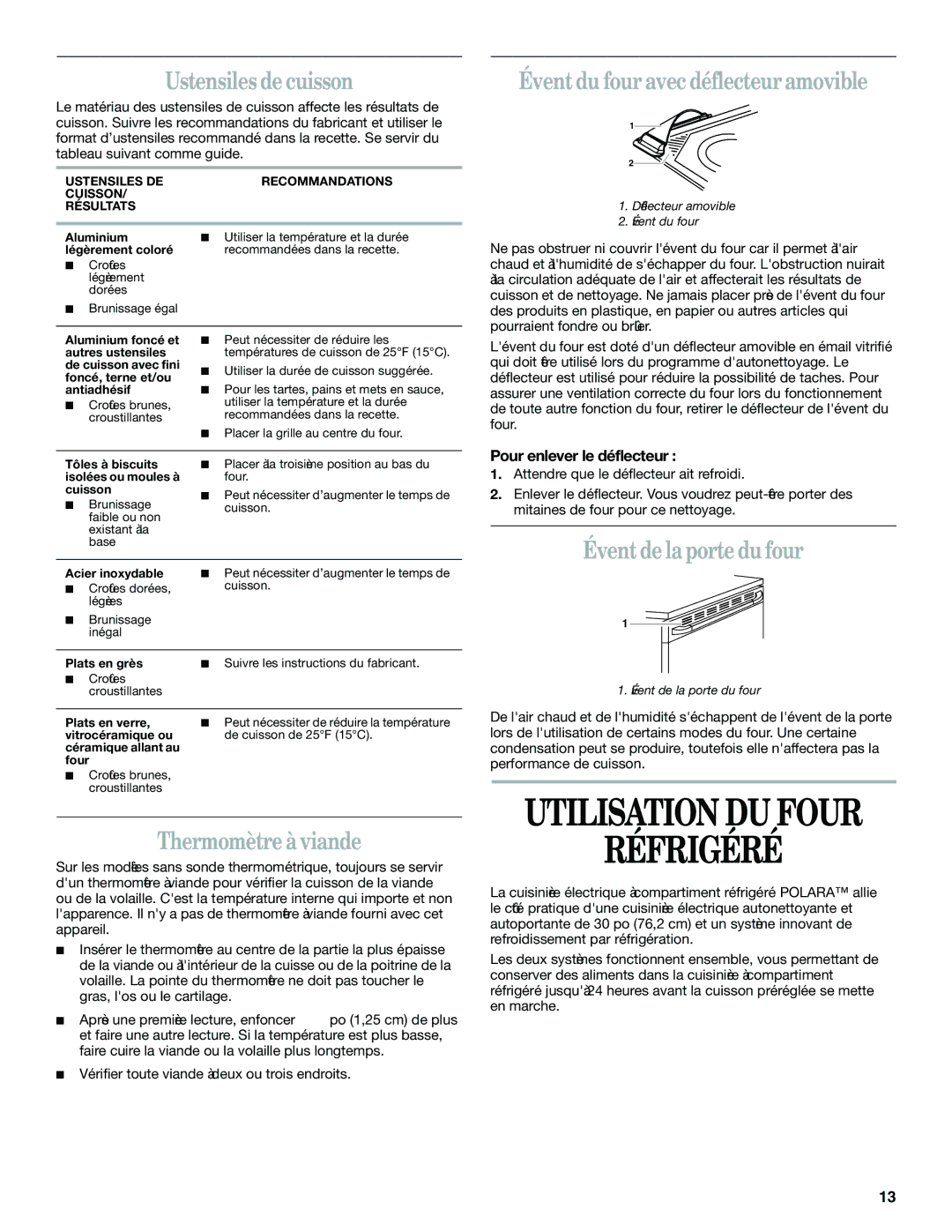 Whirlpool YGR556 manual Utilisation DU Four Réfrigéré, Thermomètre à viande, Évent du four avecdéflecteuramovible 