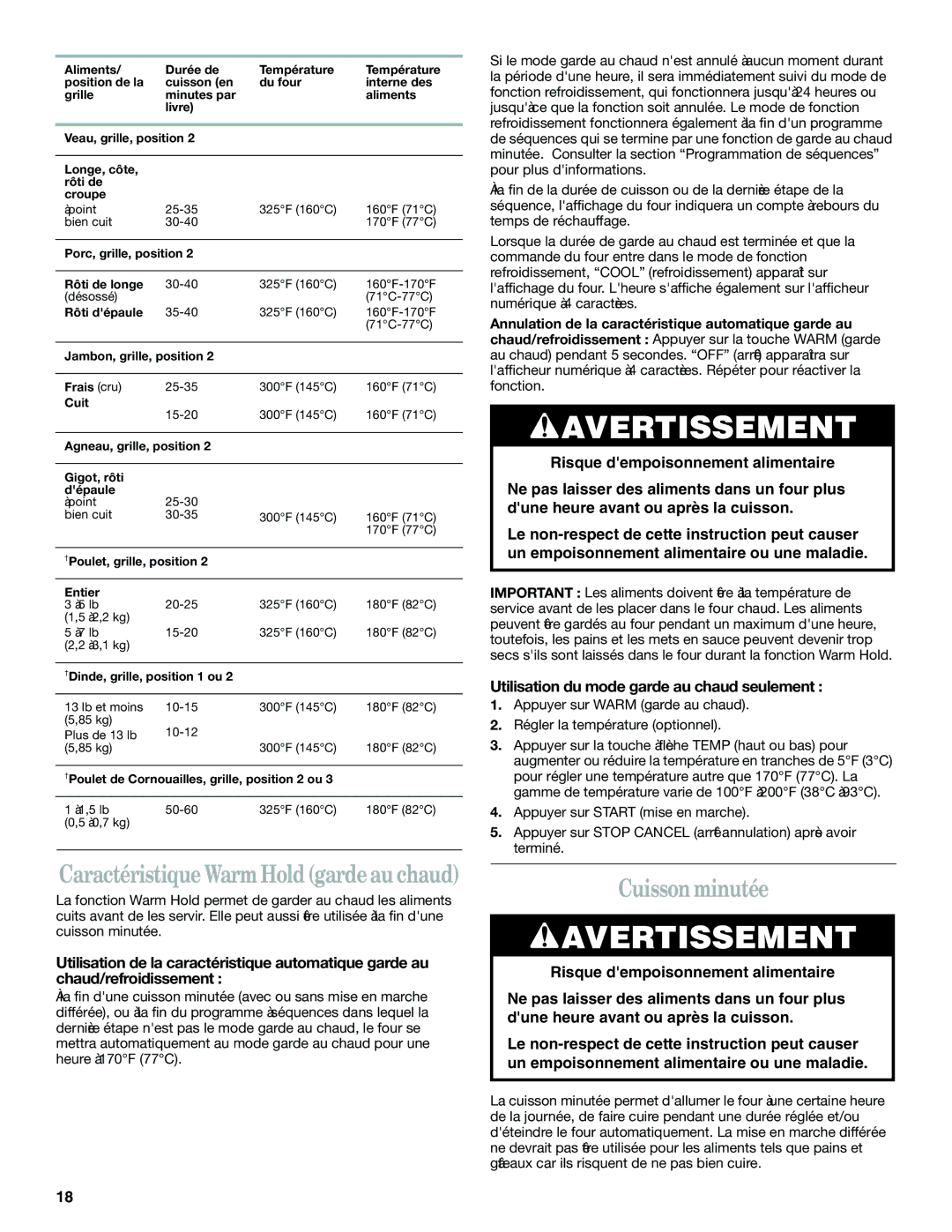 Whirlpool YGR556 manual Cuisson minutée, Utilisation du mode garde au chaud seulement 
