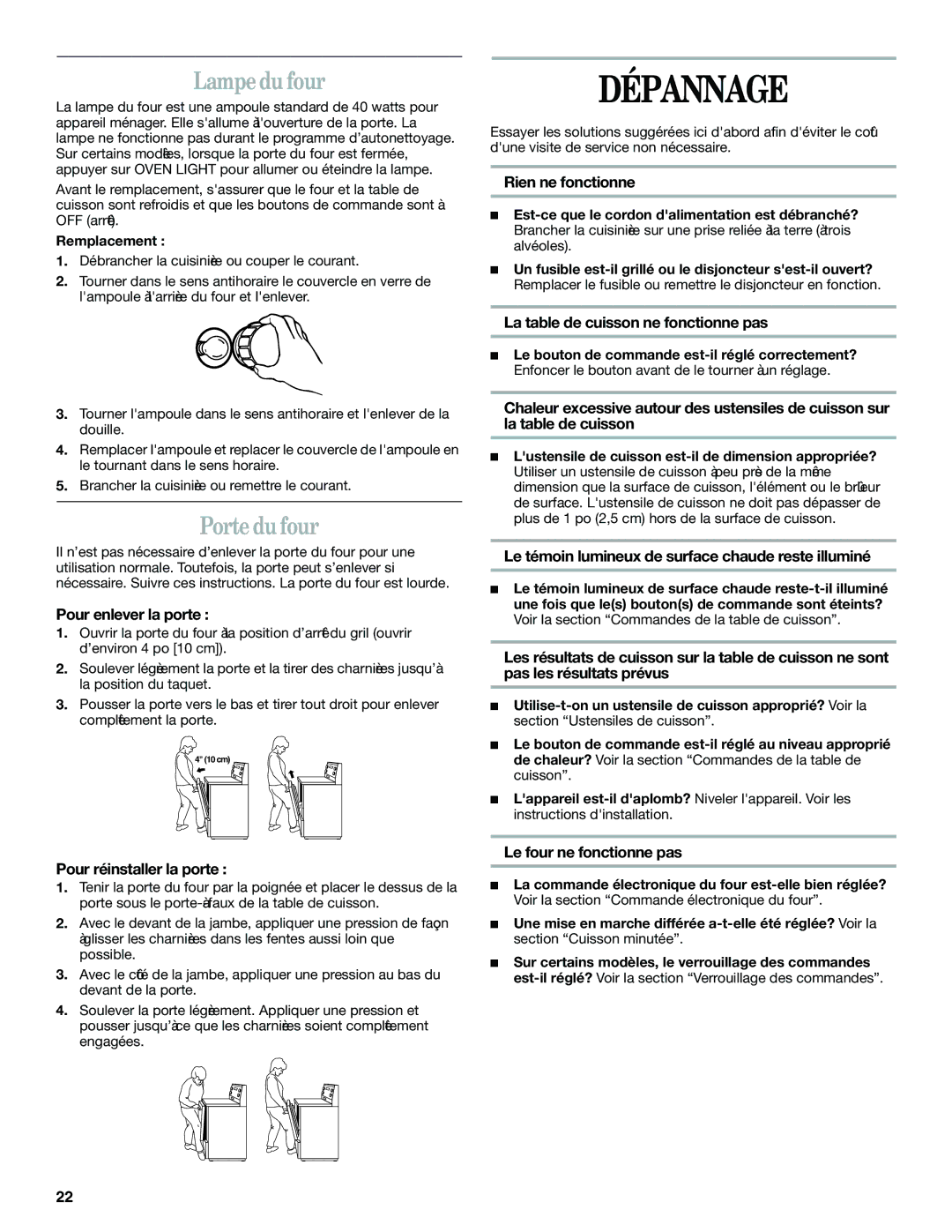 Whirlpool YGR556 manual Dépannage, Lampe du four, Porte du four 