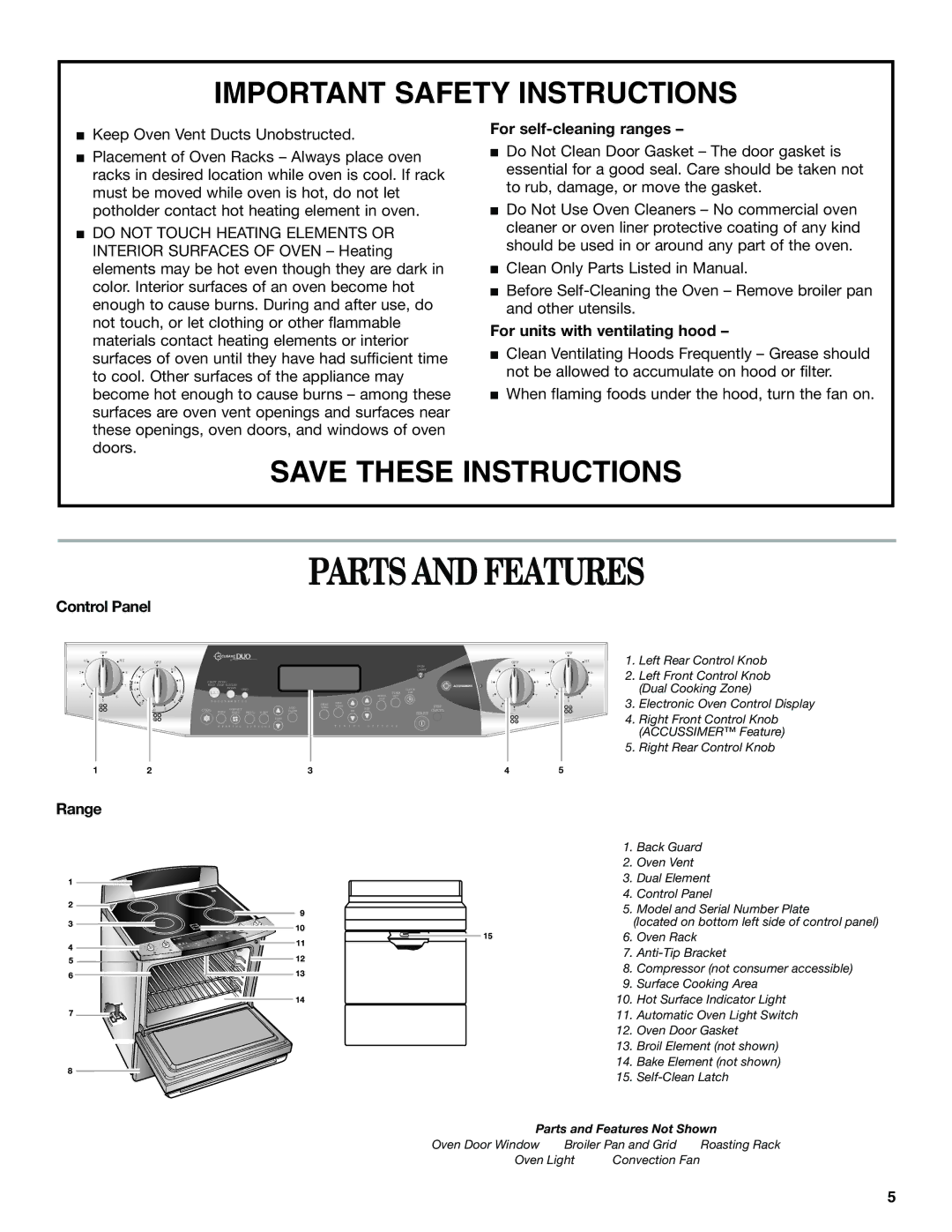 Whirlpool YGR556 manual Parts and Features, For self-cleaning ranges, For units with ventilating hood, Control Panel, Range 