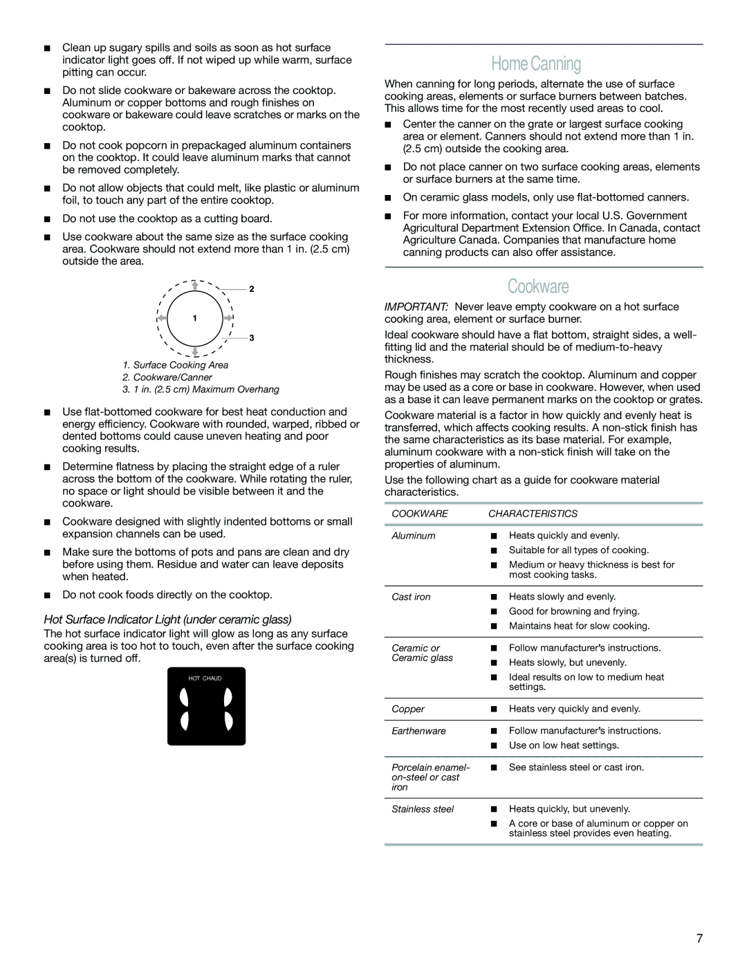 Whirlpool YGR556 manual Home Canning, Hot Surface Indicator Light under ceramic glass, Cookware Characteristics 