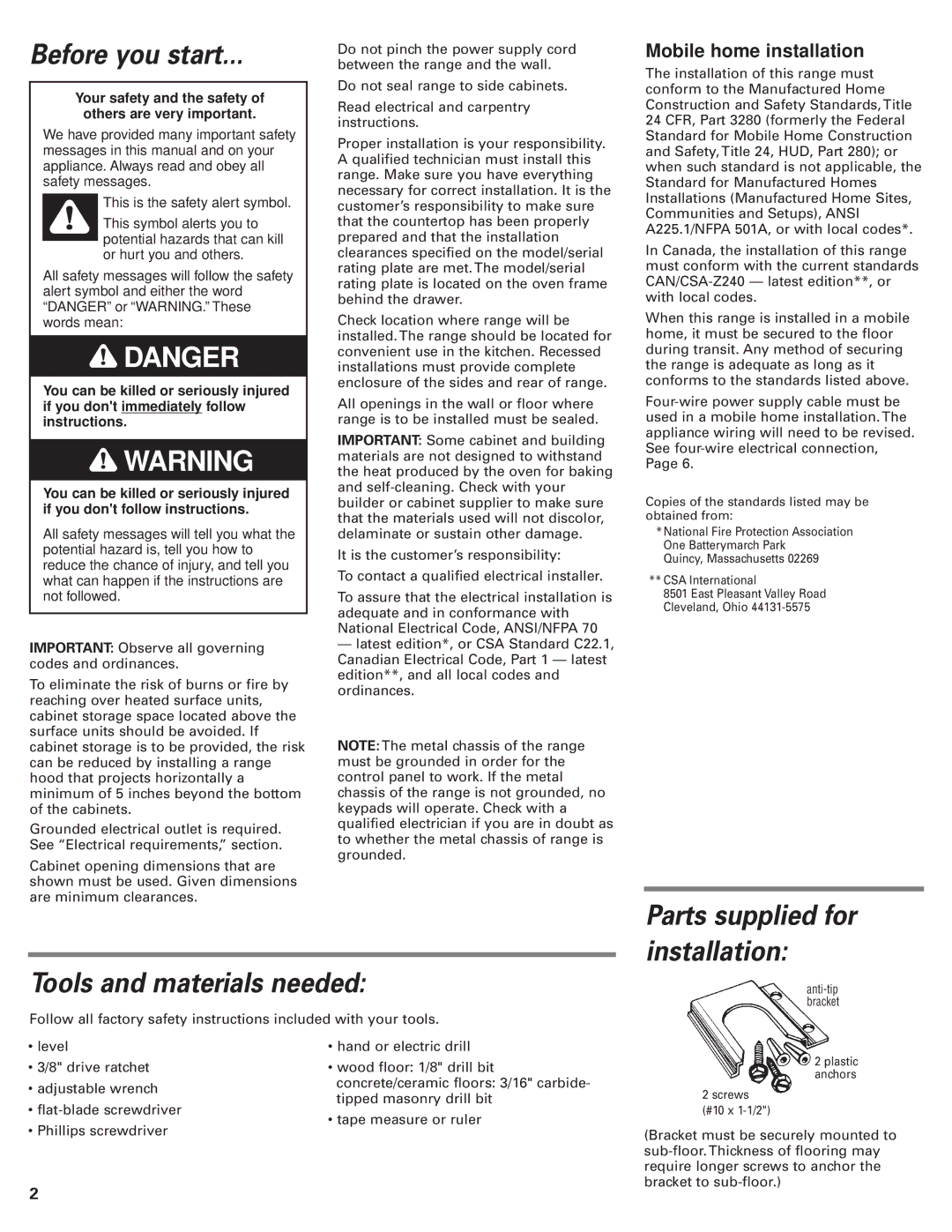 Whirlpool GR556LRKB0 installation instructions Before you start, Parts supplied for installation Tools and materials needed 