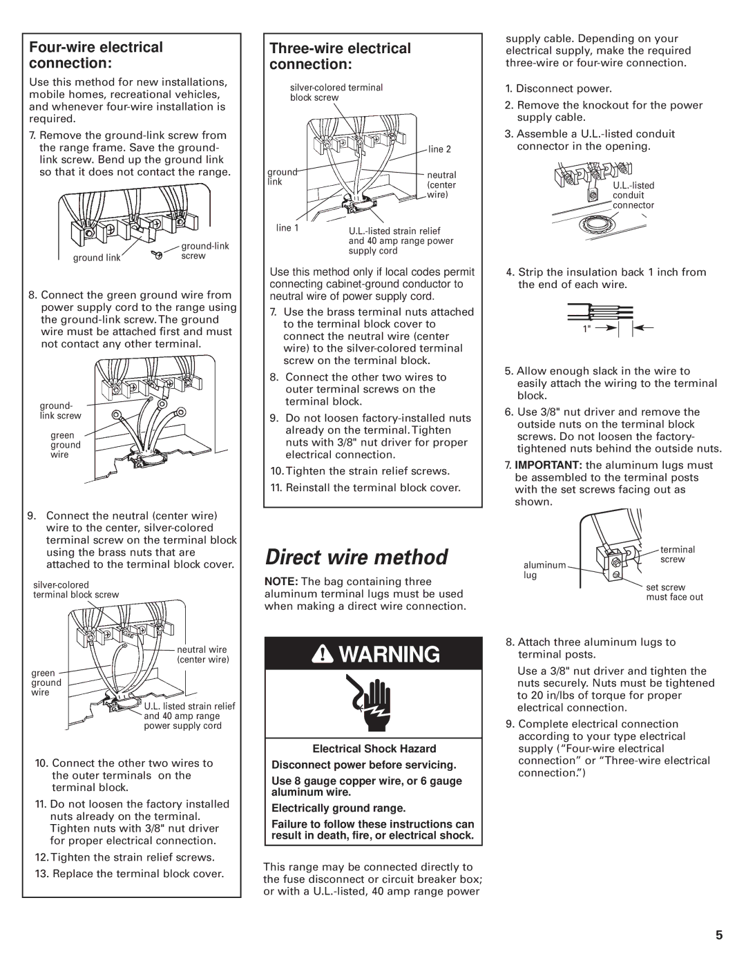 Whirlpool GR556LRKB0 Direct wire method, Four-wire electrical connection, Three-wire electrical connection 