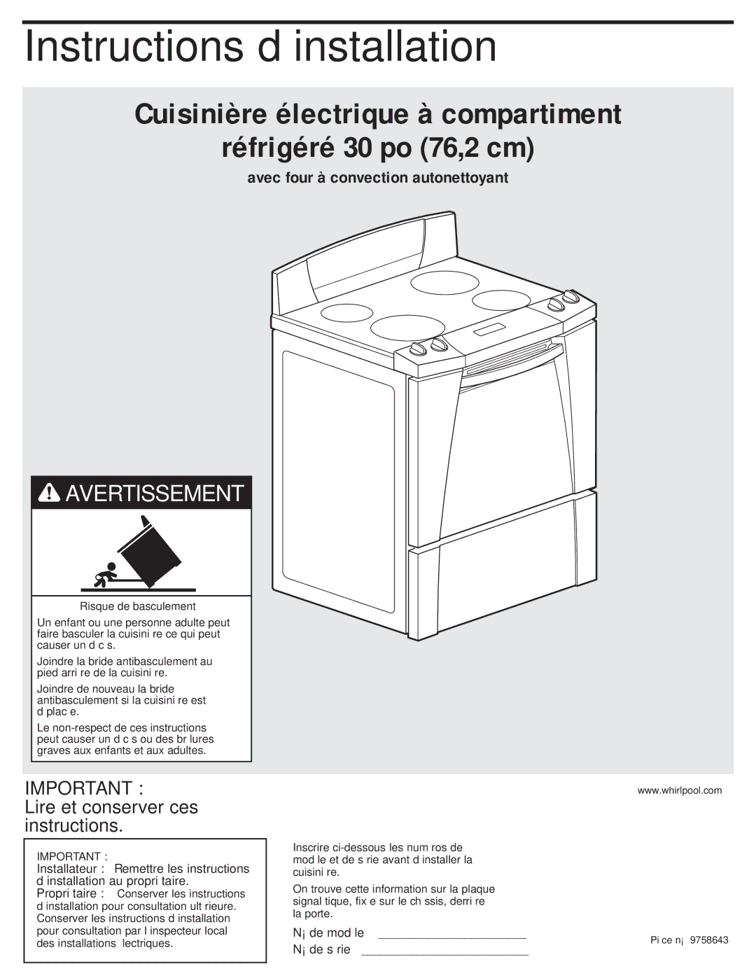 Whirlpool GR556LRKB0 installation instructions Instructions d’installation 