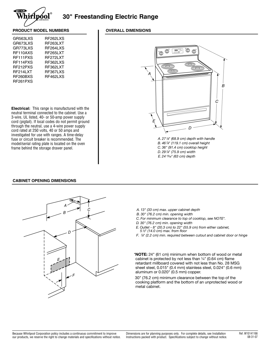 Whirlpool GR563LXS dimensions Freestanding Electric Range, Product Model Numbers Overall Dimensions 