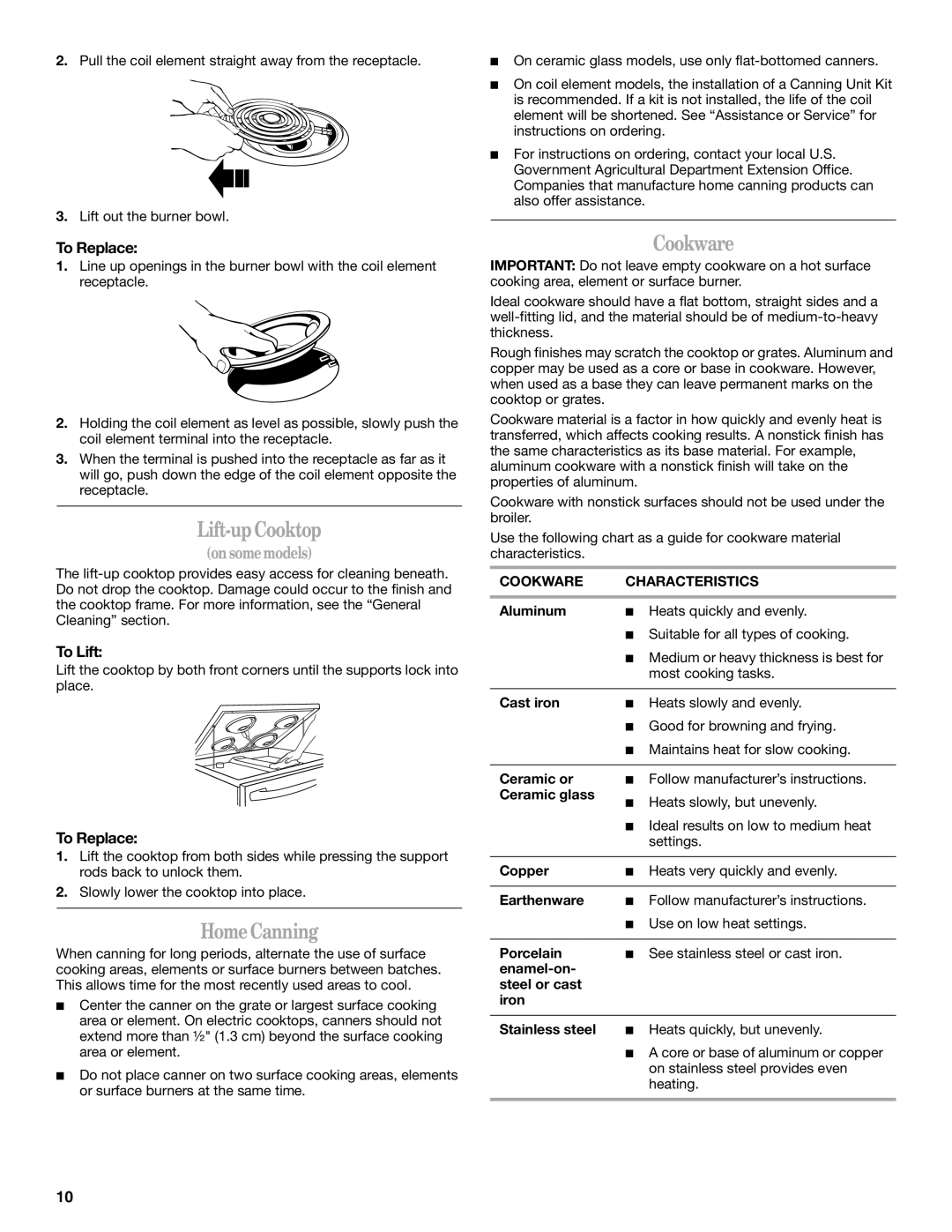 Whirlpool GR563LXSB0 manual Lift-upCooktop, HomeCanning, Cookware, To Replace, To Lift 