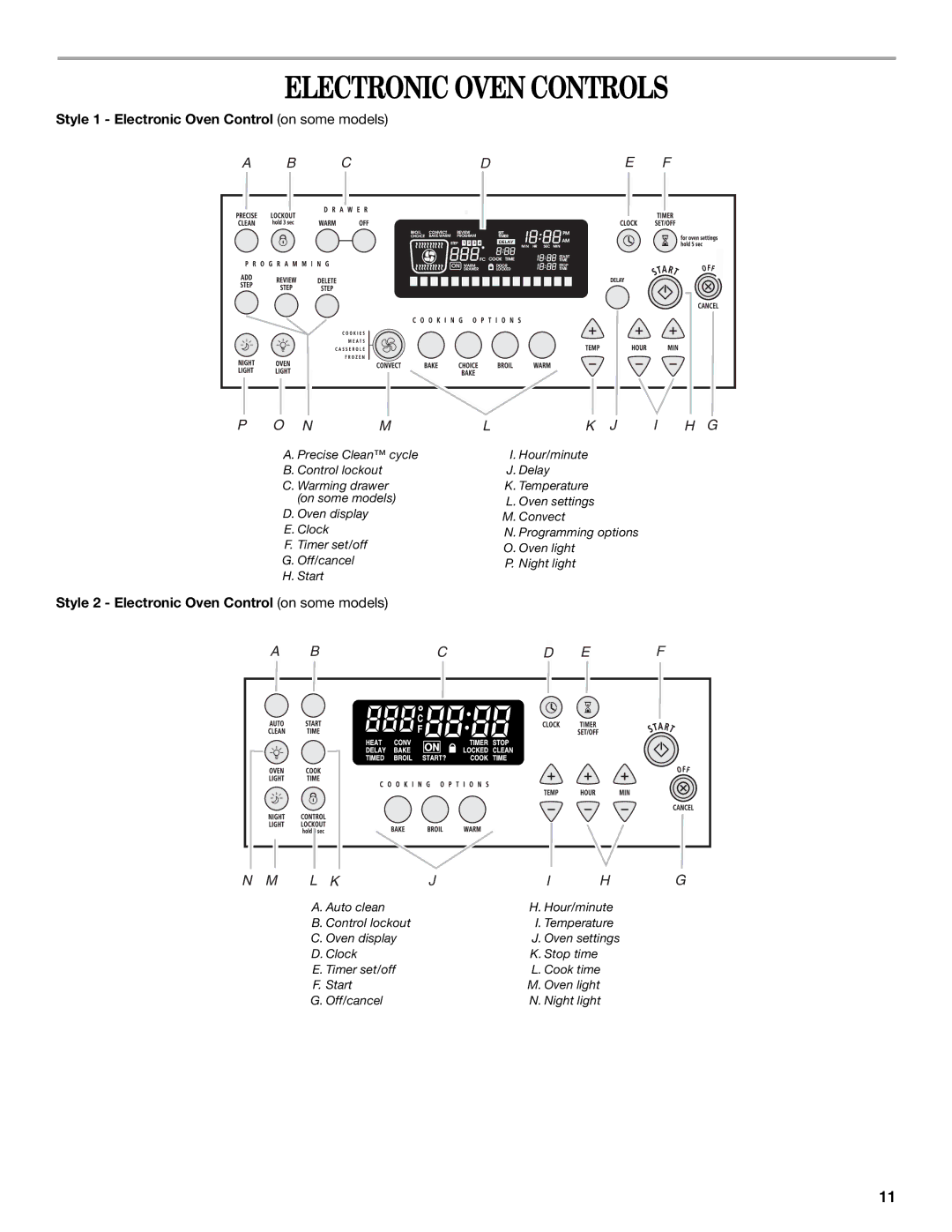 Whirlpool GR563LXSB0 manual Electronic Oven Controls, Style 1 Electronic Oven Control on some models 