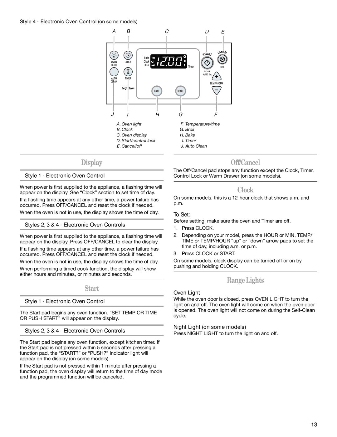 Whirlpool GR563LXSB0 manual Display, Start, Off/Cancel, Clock, RangeLights 