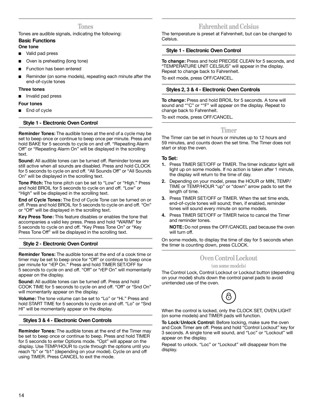 Whirlpool GR563LXSB0 manual Tones, Fahrenheit andCelsius, Timer, OvenControl Lockout 