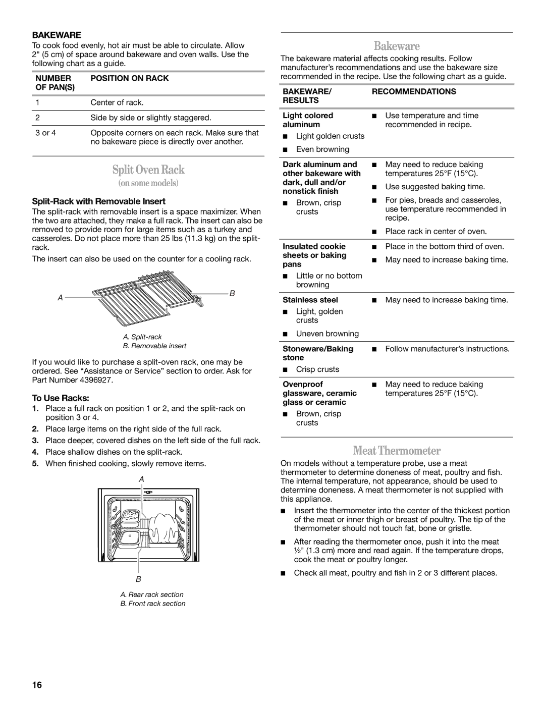 Whirlpool GR563LXSB0 manual Split Oven Rack, Bakeware, Meat Thermometer 
