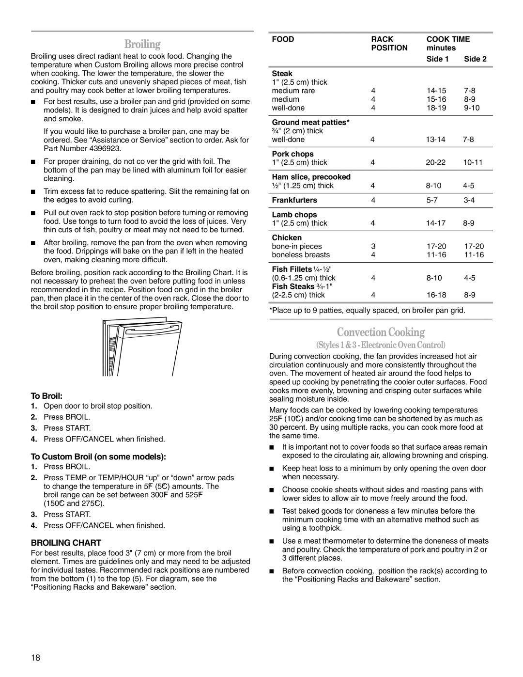 Whirlpool GR563LXSB0 manual Convection Cooking, To Broil, To Custom Broil on some models, Broiling Chart 