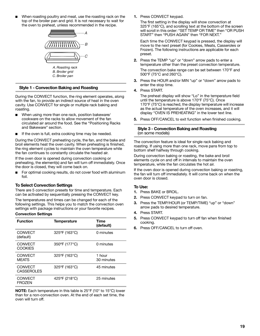 Whirlpool GR563LXSB0 manual Style 1 Convection Baking and Roasting, To Select Convection Settings 