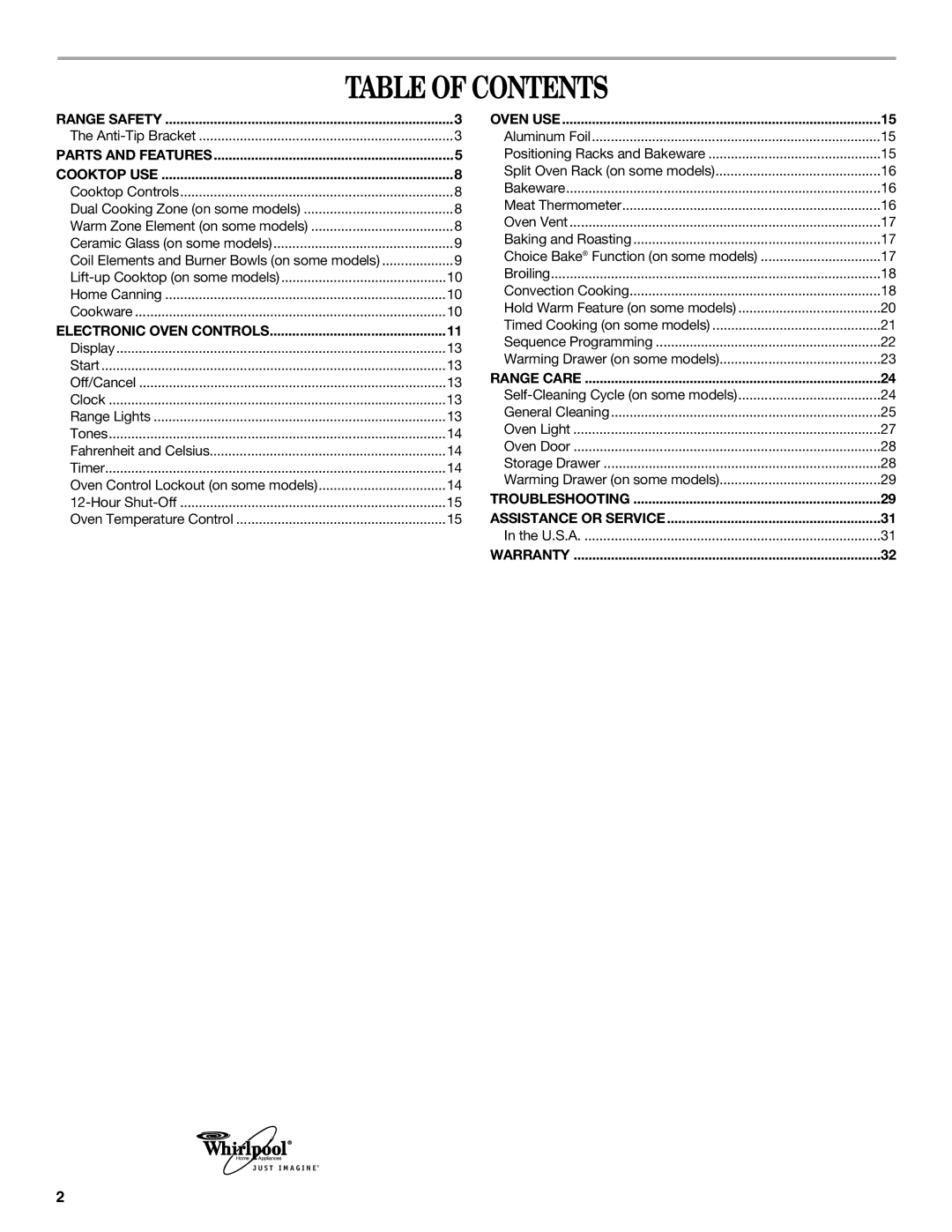 Whirlpool GR563LXSB0 manual Table of Contents 