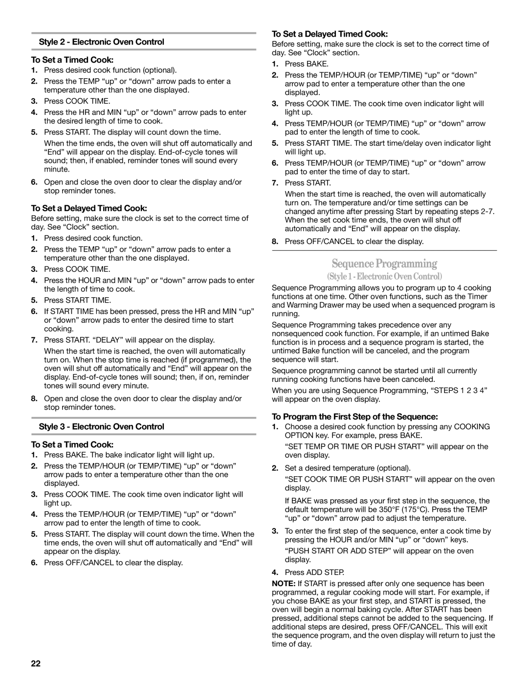 Whirlpool GR563LXSB0 manual Sequence Programming, Style 2 Electronic Oven Control To Set a Timed Cook 