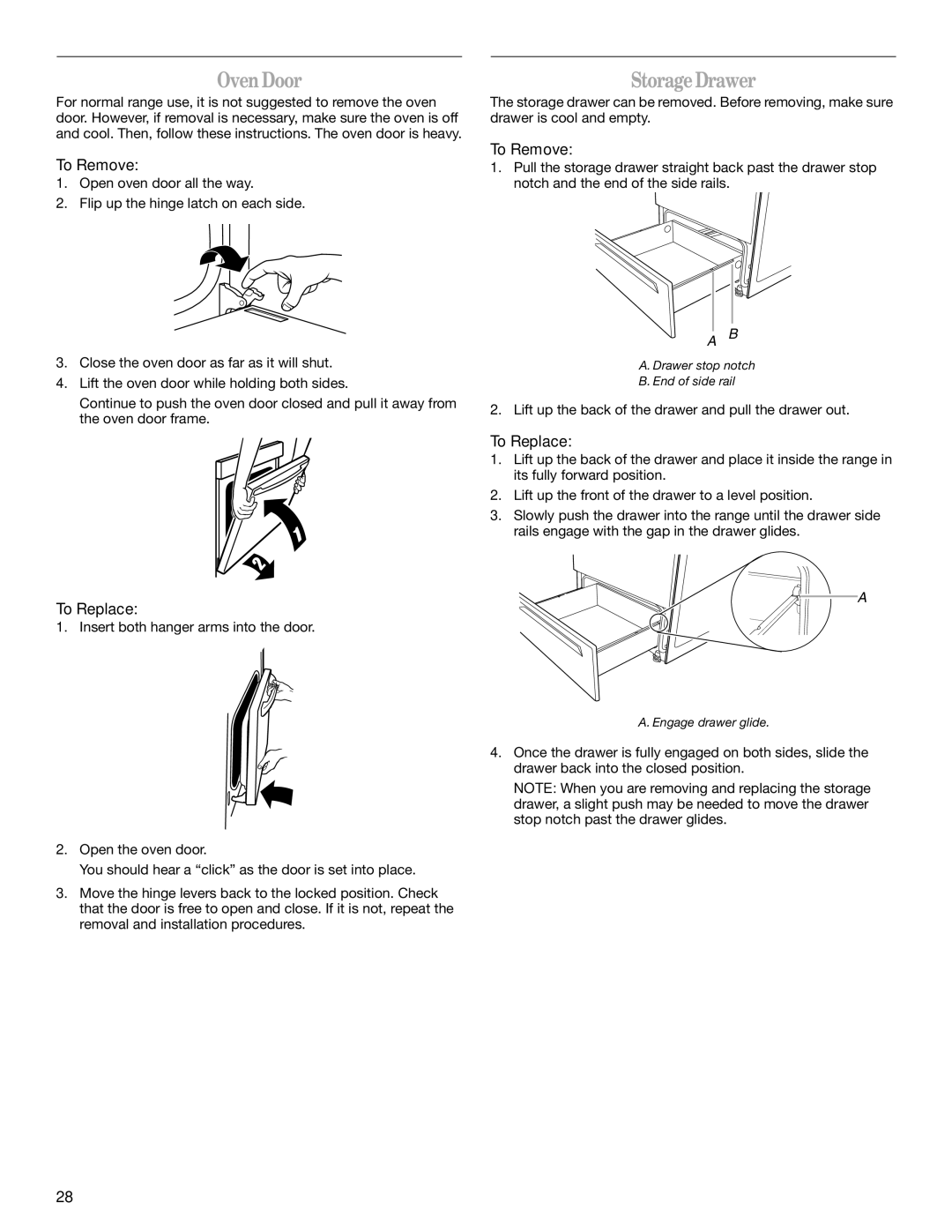 Whirlpool GR563LXSB0 manual Oven Door, Storage Drawer 