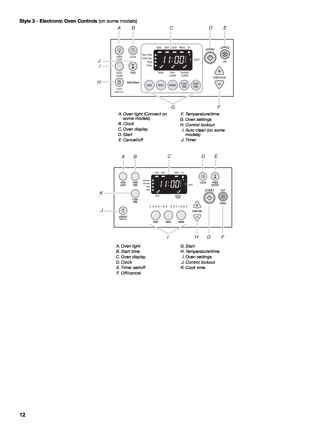 Whirlpool GR563LXSB0 manual A Bcd E J I H, Style 3 - Electronic Oven Controls on some models, H. Temperature/time 