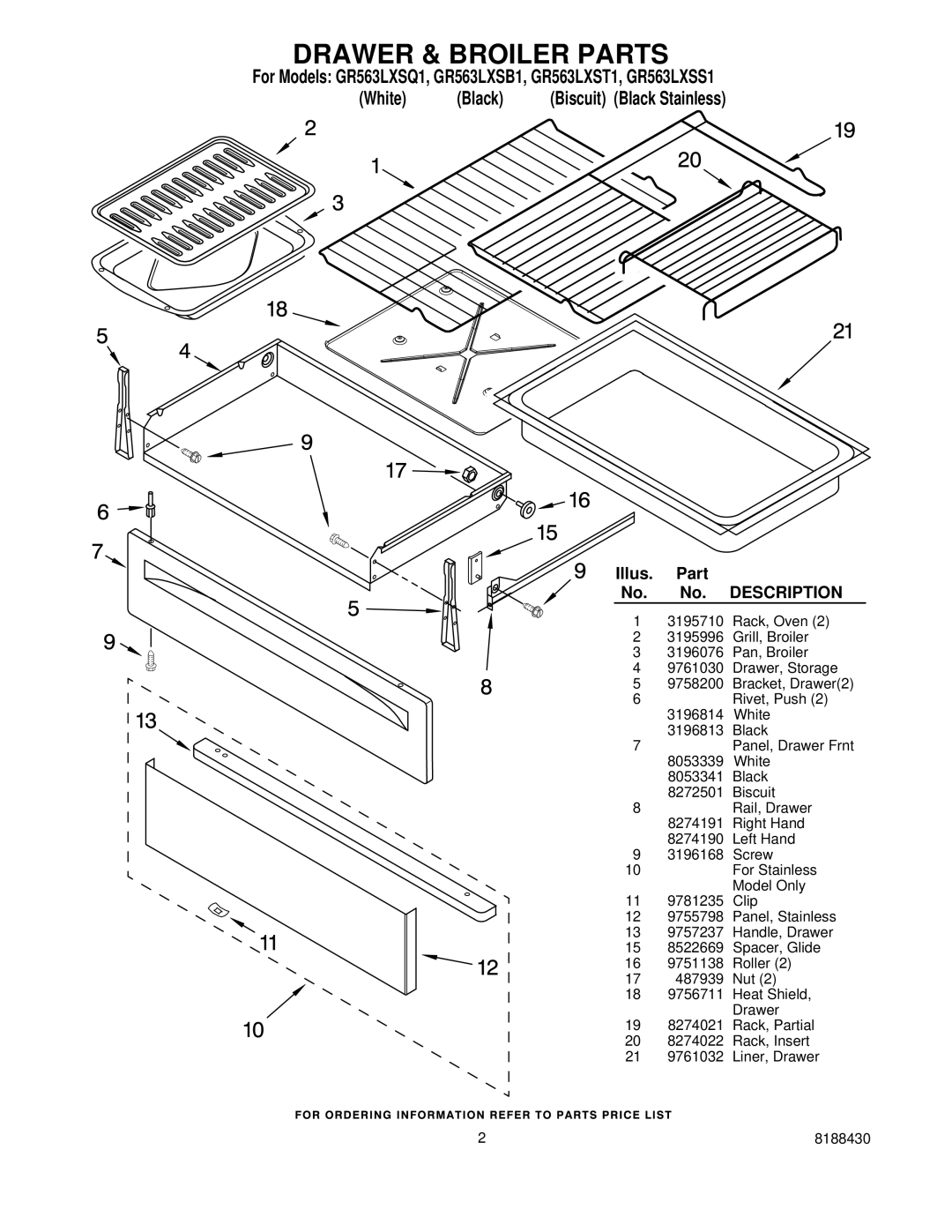 Whirlpool GR563LXSS1, GR563LXSB1, GR563LXST1, GR563LXSQ1 installation instructions Drawer & Broiler Parts 